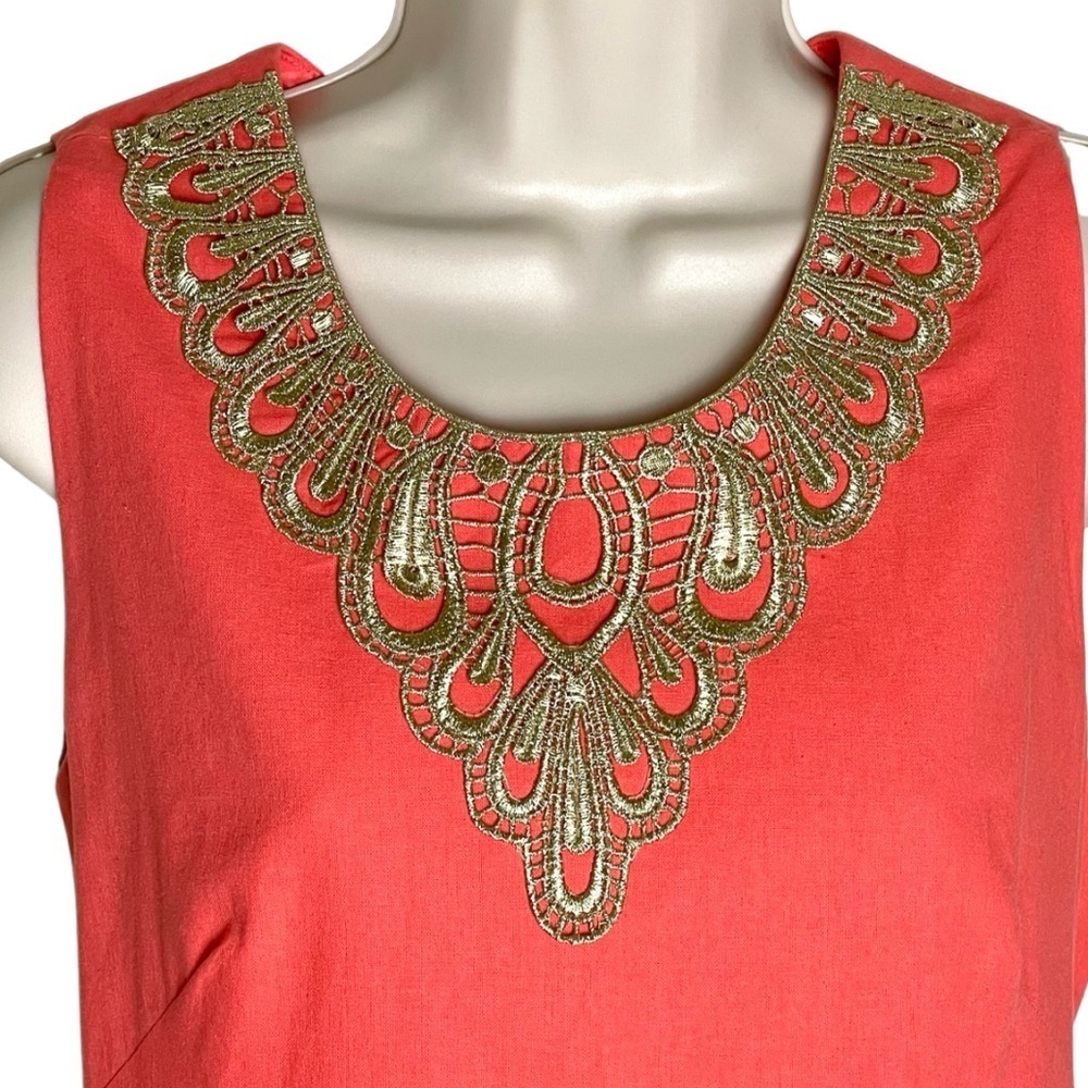 J Howard Womens Size 12P Orange Dress Gold Applique Linen Blend Lined Sleeveless - Picture 5 of 14